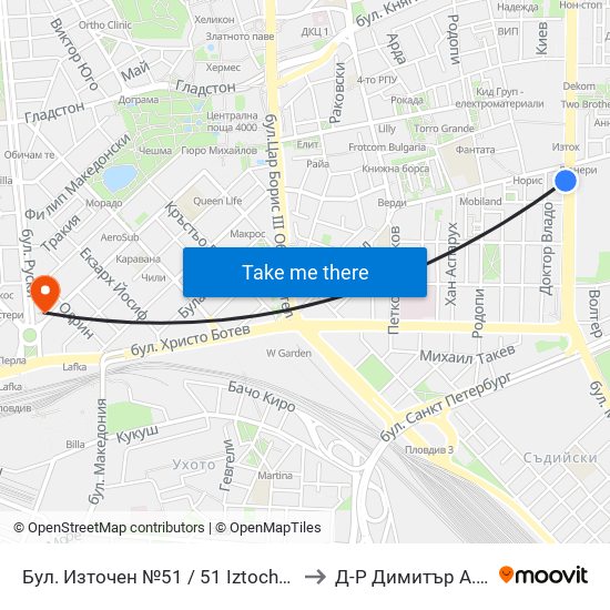 Бул. Източен №51 / 51 Iztochen Blvd. (232) to Д-Р Димитър А. Йончев map