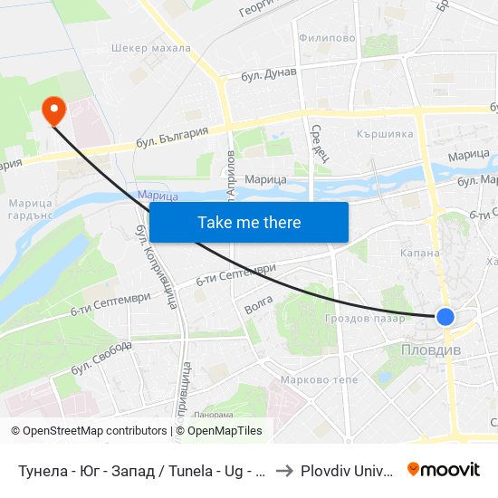 Тунела - Юг - Запад / Tunela - Ug - West (46) to Plovdiv University map