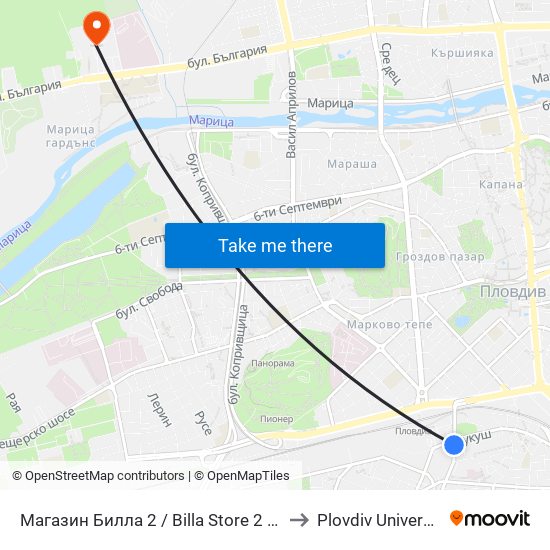 Магазин Билла 2 / Billa Store 2 (15) to Plovdiv University map