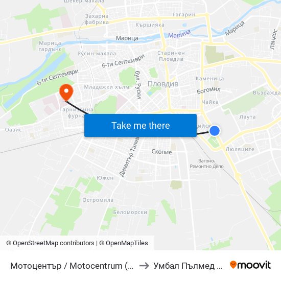 Мотоцентър / Motocentrum (258) to Умбал Пълмед Оод map