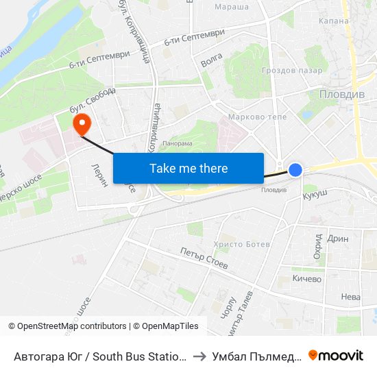 Автогара Юг / South Bus Station (187) to Умбал Пълмед Оод map
