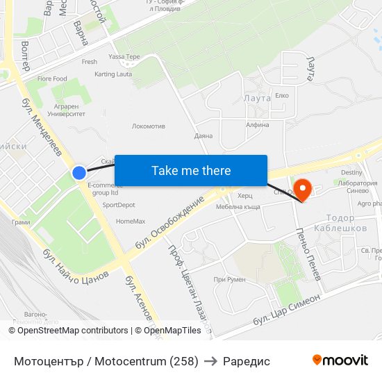 Мотоцентър / Motocentrum (258) to Раредис map