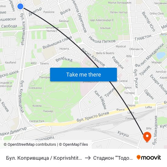 Бул. Копривщица / Koprivshtitsa Blvd. (241) to Стадион ""Тодор Диев"" map