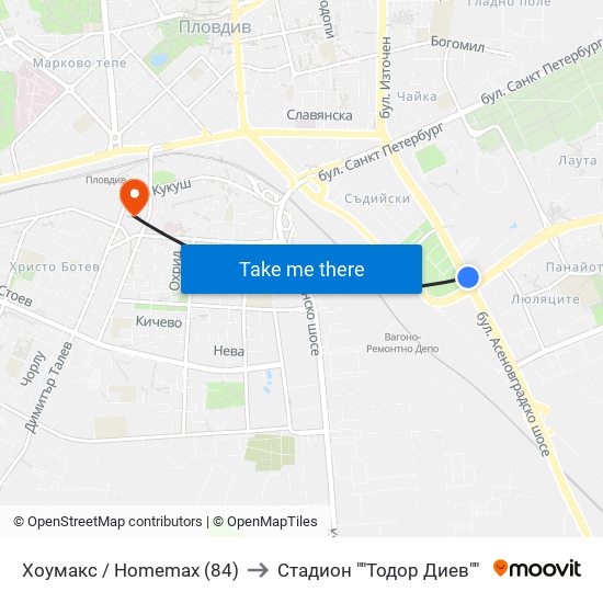 Хоумакс / Homemax (84) to Стадион ""Тодор Диев"" map