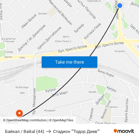 Байкал / Baikal (44) to Стадион ""Тодор Диев"" map