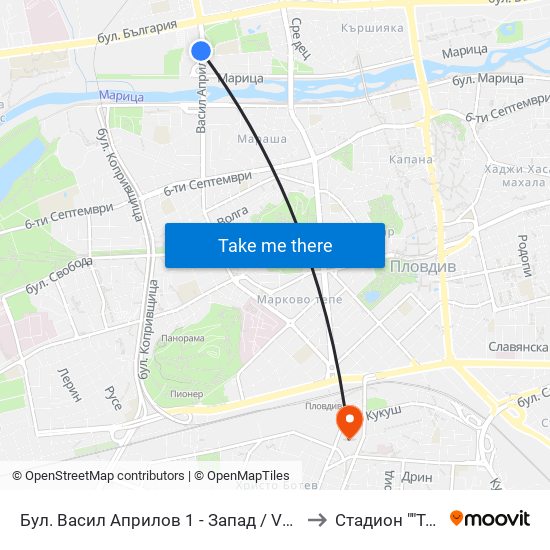 Бул. Васил Априлов 1 - Запад / Vasil Aprilov St. 1 - West (402) to Стадион ""Тодор Диев"" map