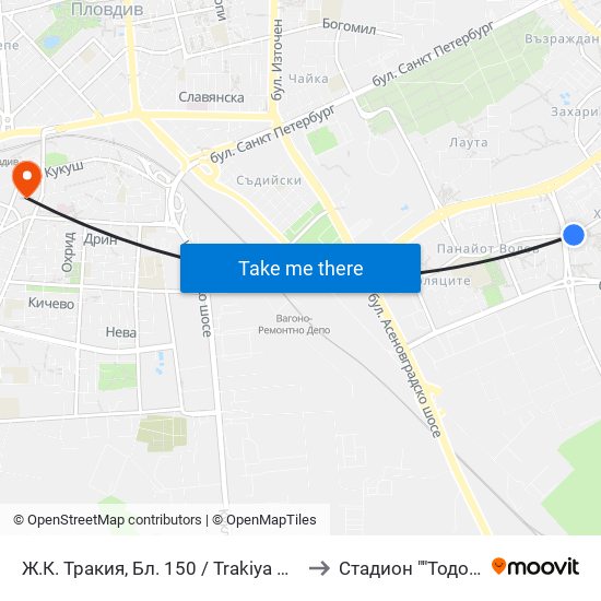 Ж.К. Тракия, Бл. 150 / Trakiya Qr, Bl. 150 (109) to Стадион ""Тодор Диев"" map