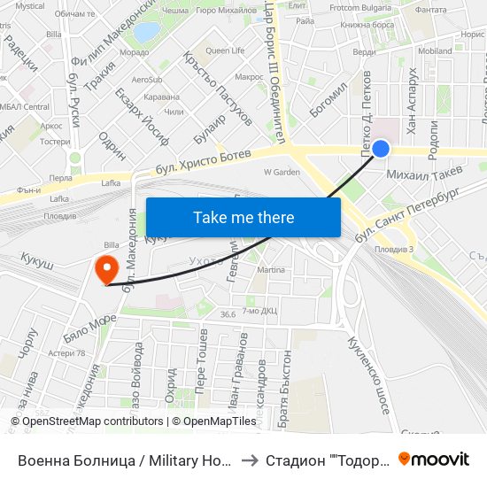 Военна Болница / Military Hospital (335) to Стадион ""Тодор Диев"" map