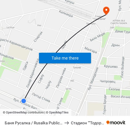 Баня Русалка / Rusalka Public Bath (199) to Стадион ""Тодор Диев"" map