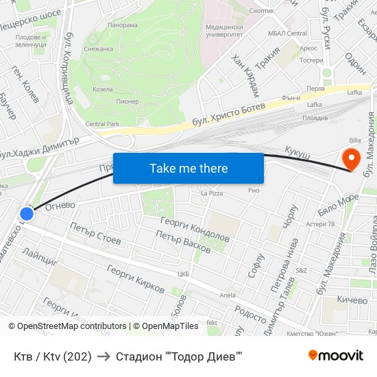 Ктв / Ktv (202) to Стадион ""Тодор Диев"" map