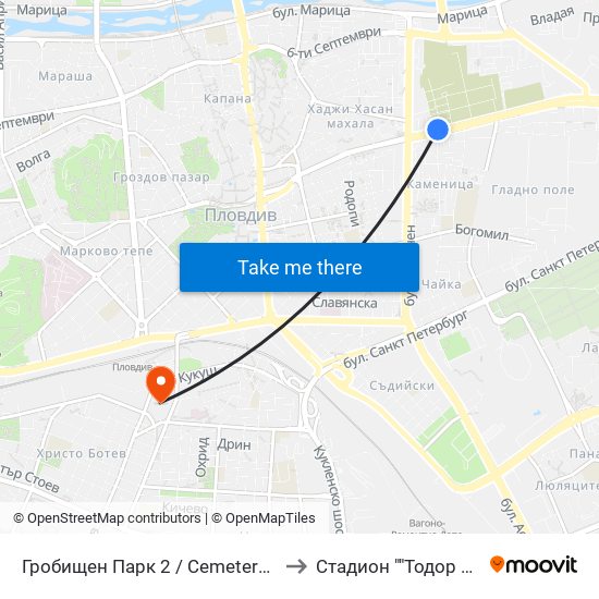 Гробищен Парк 2 / Cemetery 2 (136) to Стадион ""Тодор Диев"" map