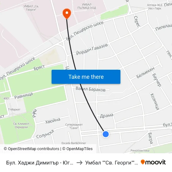 Бул. Хаджи Димитър - Юг / Hadzhi Dimitar St - South (307) to Умбал ""Св. Георги"" - Инфекциозна Клиника map