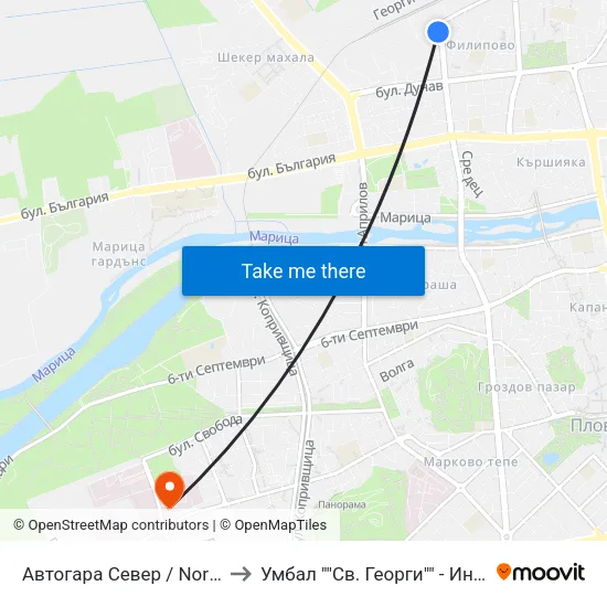 Автогара Север / North Bus Station (57) to Умбал ""Св. Георги"" - Инфекциозна Клиника map
