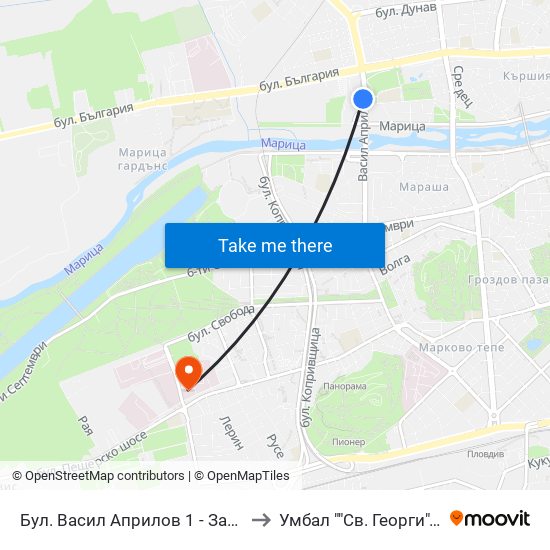 Бул. Васил Априлов 1 - Запад / Vasil Aprilov St. 1 - West (402) to Умбал ""Св. Георги"" - Инфекциозна Клиника map