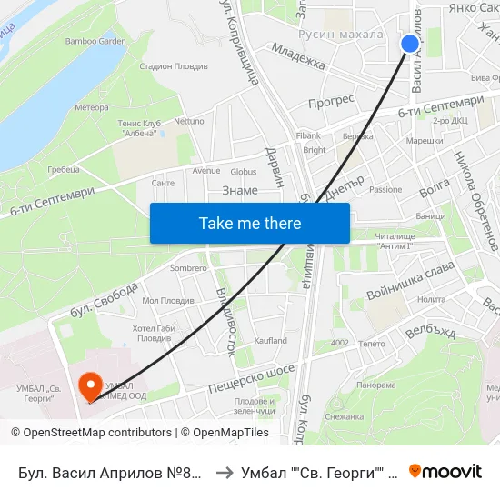 Бул. Васил Априлов №85 / 85 Vasil Aprilov Blvd. (451) to Умбал ""Св. Георги"" - Инфекциозна Клиника map