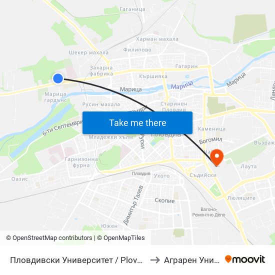 Пловдивски Университет / Plovdiv University (1003) to Аграрен Университет map