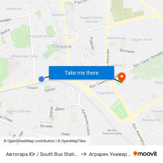 Автогара Юг / South Bus Station (187) to Аграрен Университет map