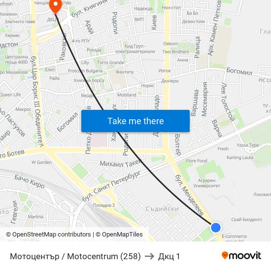 Мотоцентър / Motocentrum (258) to Дкц 1 map