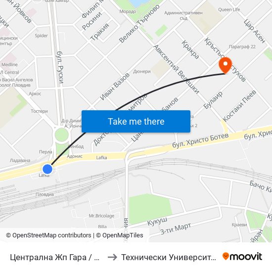 Централна Жп Гара / Central Railway Station (205) to Технически Университет - София Филиал Пловдив map