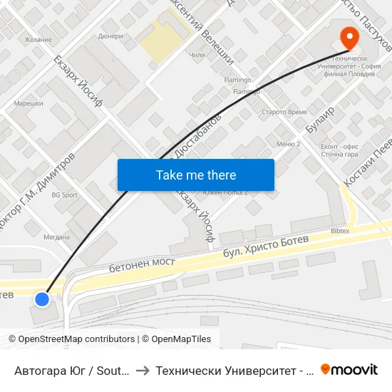 Автогара Юг / South Bus Station (206) to Технически Университет - София Филиал Пловдив map