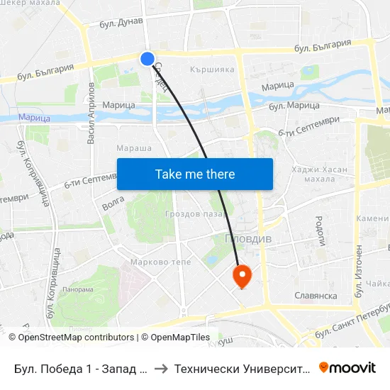 Бул. Победа 1 - Запад / Pobeda Blvd 1 - West (272) to Технически Университет - София Филиал Пловдив map