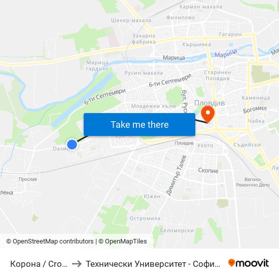 Корона / Crown (149) to Технически Университет - София Филиал Пловдив map