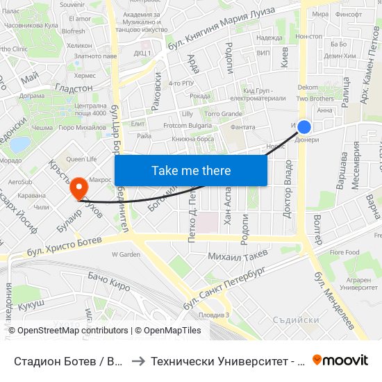 Стадион Ботев / Botev Stadium (259) to Технически Университет - София Филиал Пловдив map