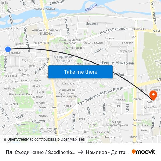 Пл. Съединение / Saedinenie Sq. (141) to Намлиев - Дентал Еоод map
