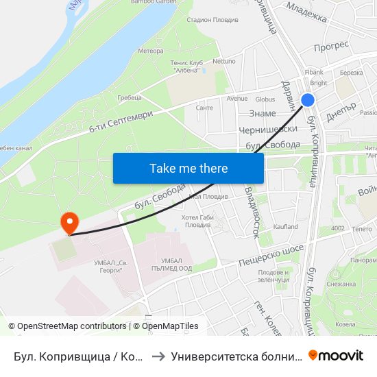 Бул. Копривщица / Koprivshtitsa Blvd. (241) to Университетска болница Св. Георги-База 2 map