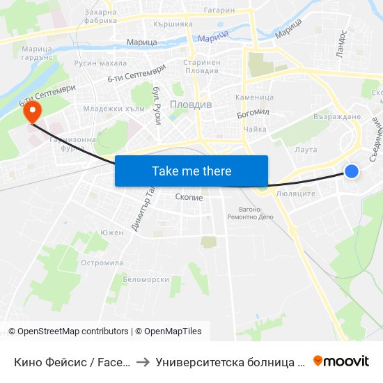 Кино Фейсис / Faces Cinema (79) to Университетска болница Св. Георги-База 2 map