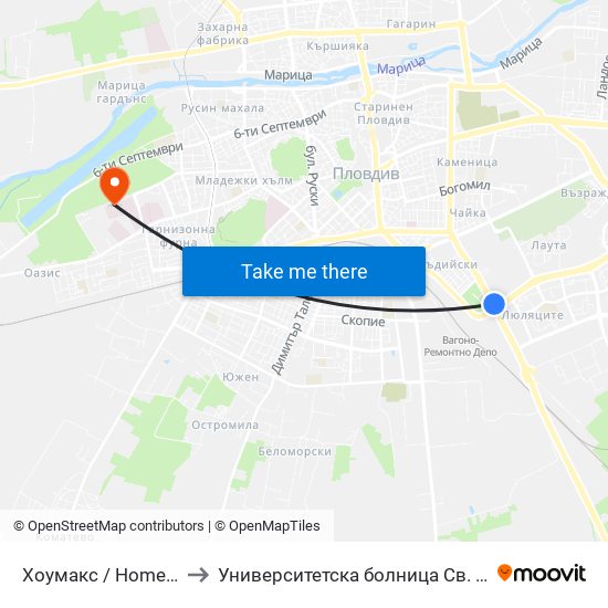 Хоумакс / Homemax (84) to Университетска болница Св. Георги-База 2 map