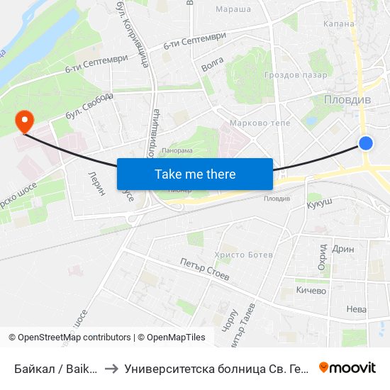 Байкал / Baikal (44) to Университетска болница Св. Георги-База 2 map