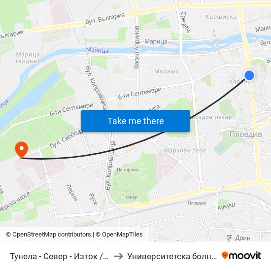 Тунела - Север - Изток / Tunela - Sever - East (47) to Университетска болница Св. Георги-База 2 map