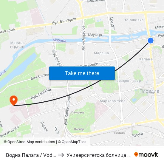 Водна Палата / Vodna Palata (48) to Университетска болница Св. Георги-База 2 map