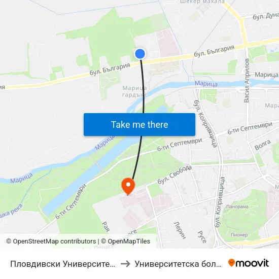 Пловдивски Университет / Plovdiv University (1003) to Университетска болница Св. Георги-База 2 map