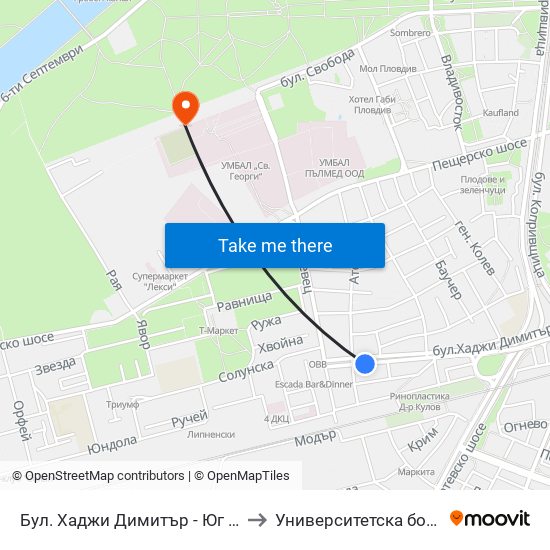Бул. Хаджи Димитър - Юг / Hadzhi Dimitar St - South (307) to Университетска болница Св. Георги-База 2 map