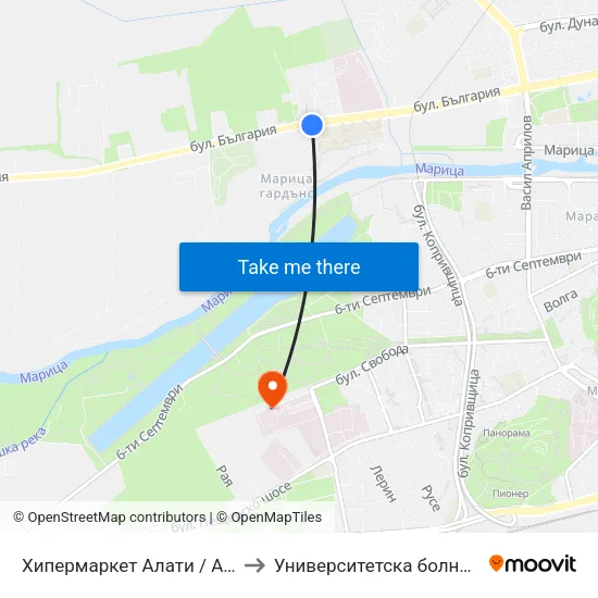 Хипермаркет Алати / Alati Hypermarket (426) to Университетска болница Св. Георги-База 2 map