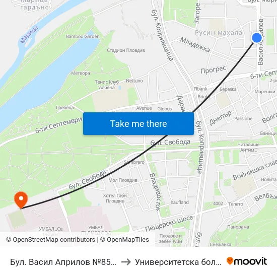 Бул. Васил Априлов №85 / 85 Vasil Aprilov Blvd. (451) to Университетска болница Св. Георги-База 2 map