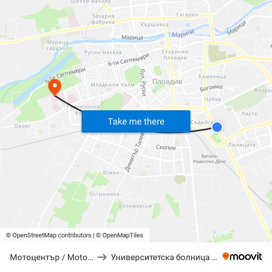 Мотоцентър / Motocentrum (258) to Университетска болница Св. Георги-База 2 map