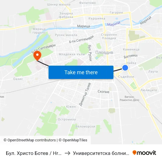 Бул. Христо Ботев / Hristo Botev Blvd. (334) to Университетска болница Св. Георги-База 2 map