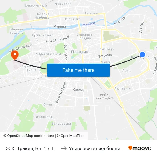 Ж.К. Тракия, Бл. 1 / Trakiya Qr, Bl. 1 (216) to Университетска болница Св. Георги-База 2 map