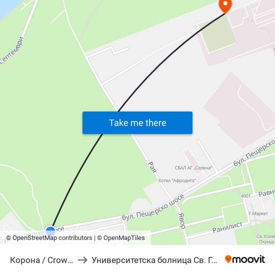 Корона / Crown (149) to Университетска болница Св. Георги-База 2 map