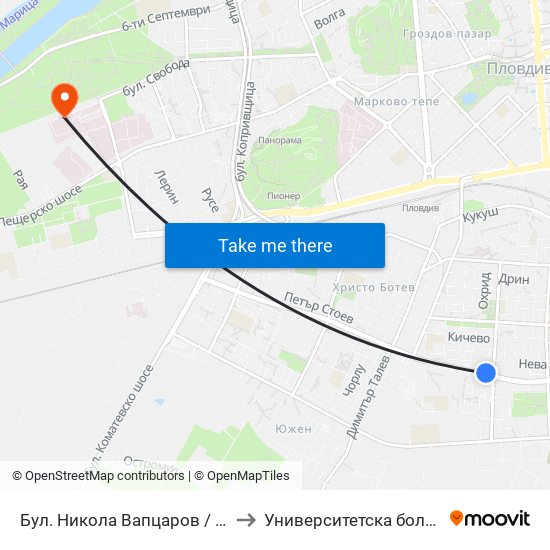 Бул. Никола Вапцаров / Nikola Vaptsarov Blvd. (68) to Университетска болница Св. Георги-База 2 map