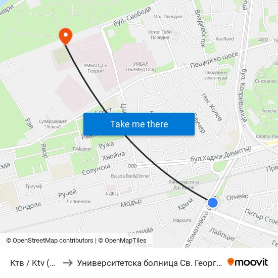 Ктв / Ktv (202) to Университетска болница Св. Георги-База 2 map