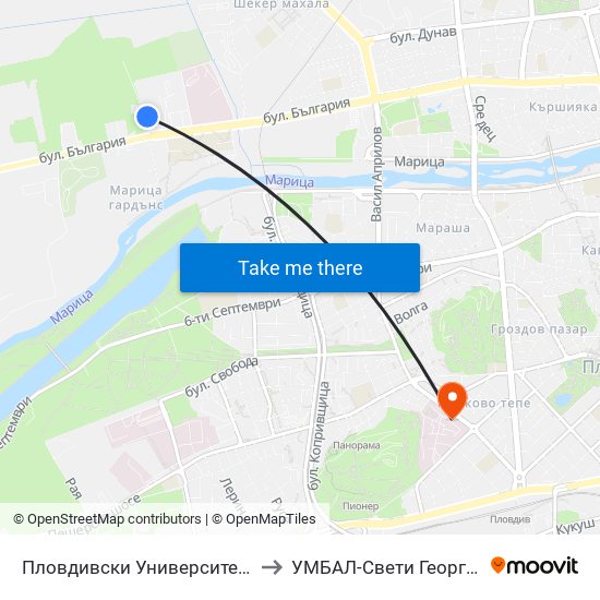 Пловдивски Университет / Plovdiv University (1003) to УМБАЛ-Свети Георги (UMBAL-Sveti Georgi) map