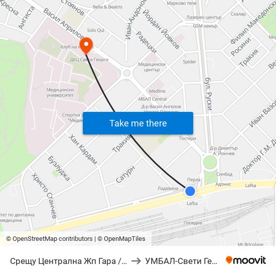 Срещу Централна Жп Гара / Opposite Central Railway Station (188) to УМБАЛ-Свети Георги (UMBAL-Sveti Georgi) map