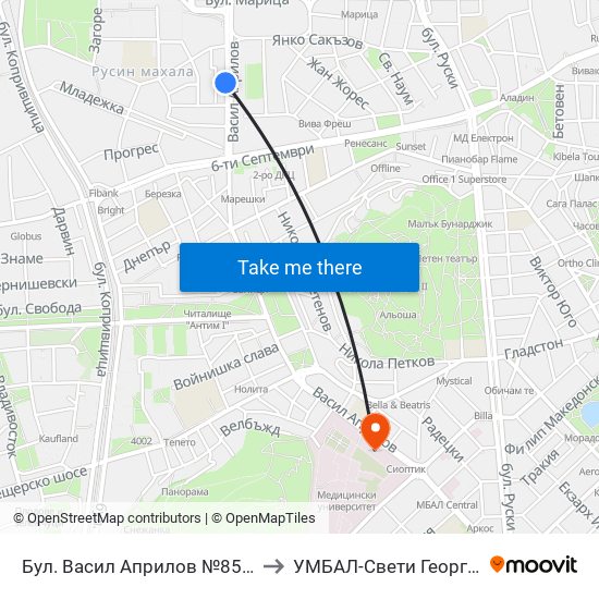 Бул. Васил Априлов №85 / 85 Vasil Aprilov Blvd. (451) to УМБАЛ-Свети Георги (UMBAL-Sveti Georgi) map