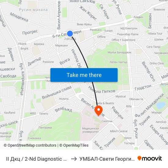 II Дкц / 2-Nd Diagnostic Consultative Center (116) to УМБАЛ-Свети Георги (UMBAL-Sveti Georgi) map