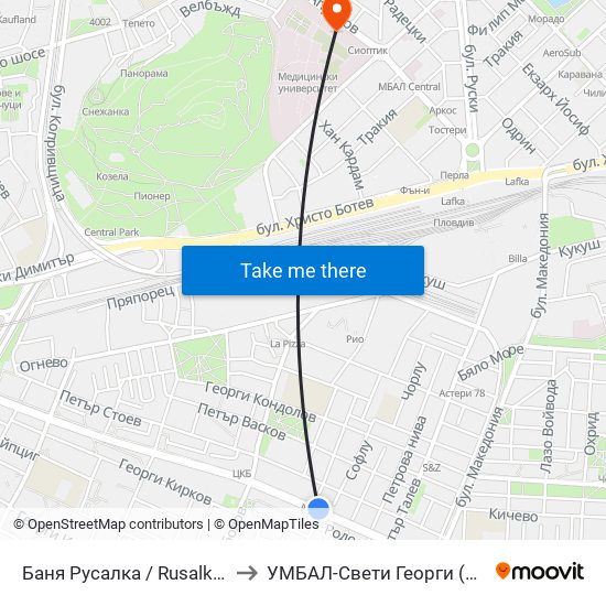 Баня Русалка / Rusalka Public Bath (199) to УМБАЛ-Свети Георги (UMBAL-Sveti Georgi) map