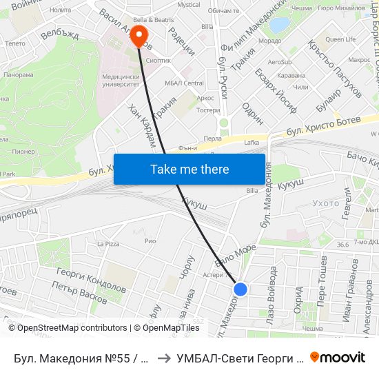 Бул. Македония №55 / 55 Macedonia Blvd. (41) to УМБАЛ-Свети Георги (UMBAL-Sveti Georgi) map